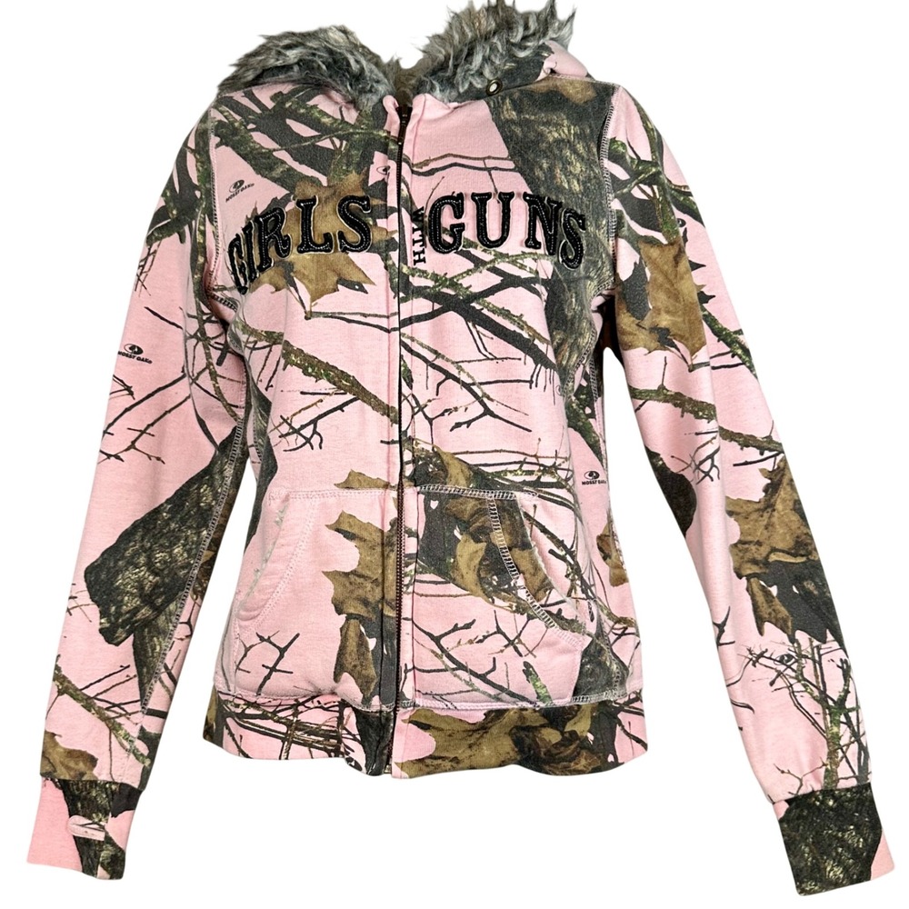 Girls With Guns Camo Hoodie Womens Small Pink Mossy Oak Sherpa Full Zip Faux Fur